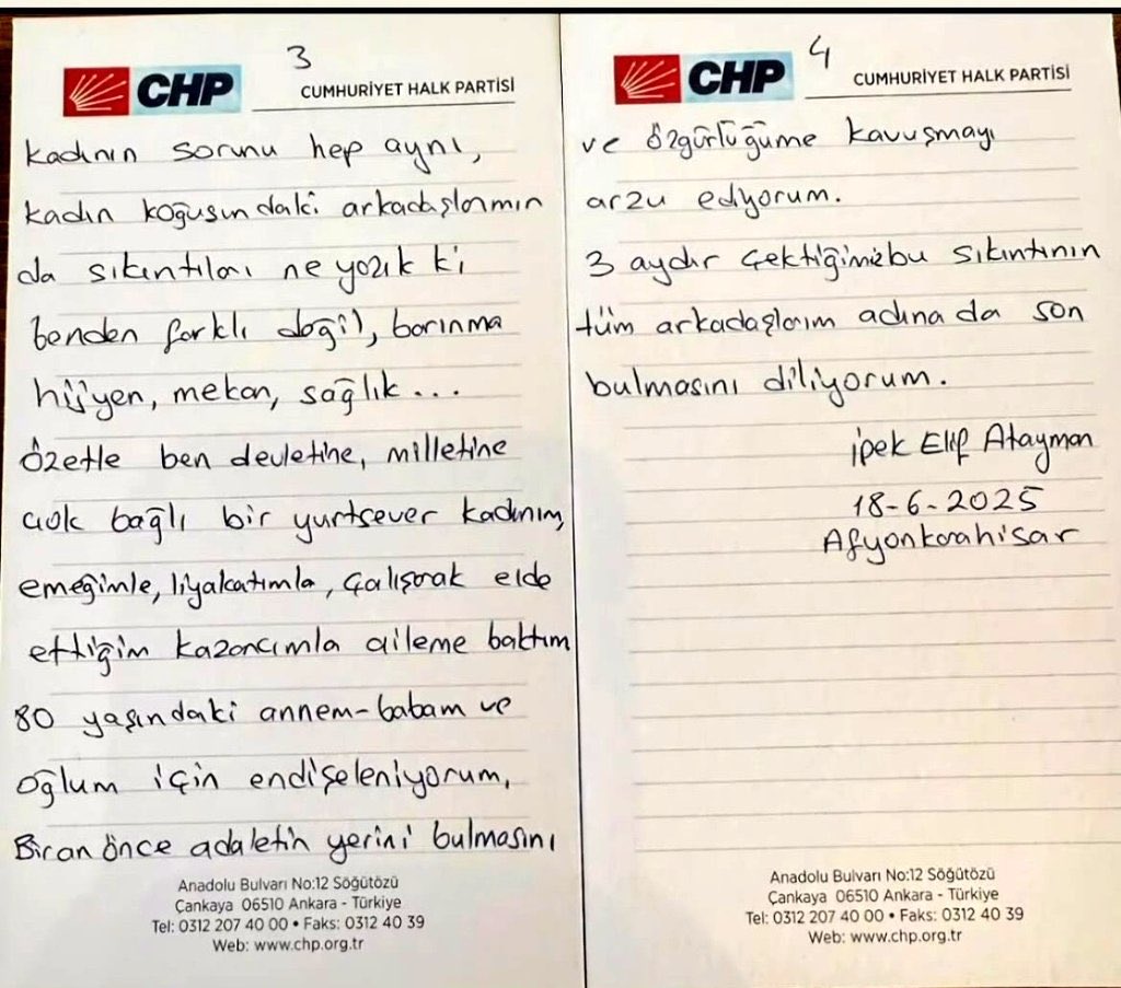 Ablam Dr. İpek Elif Atayman tutuklu bulunduğu Afyonkarahisar cezaevinden bir not yolladı. <a href="/AylinNazliaka/">Aylin Nazlıaka 🇹🇷</a> aracılığı ile. 
Adalet Bakanı <a href="/yilmaztunc/">Yılmaz TUNÇ</a> a çağrısıdır.