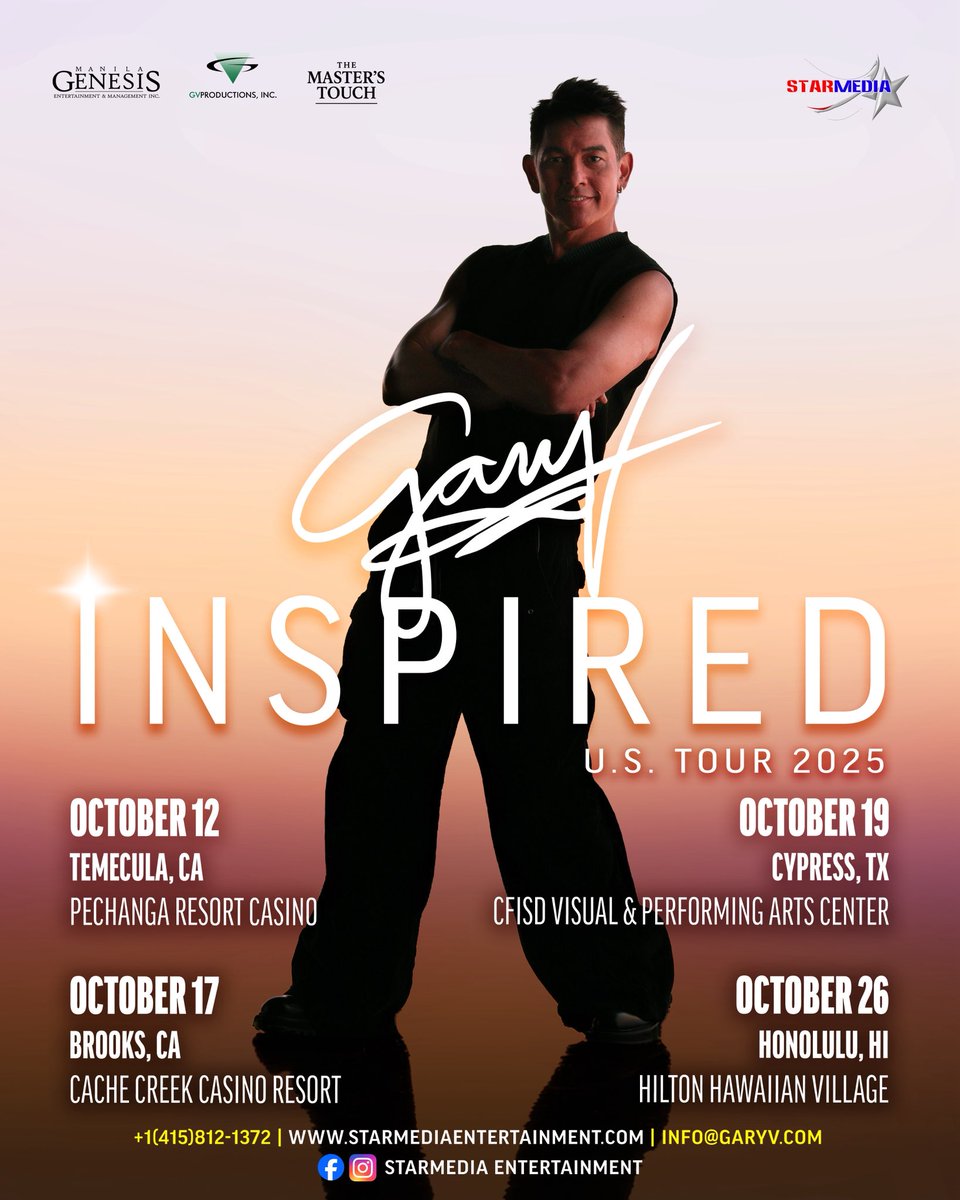 Get ready to be INSPIRED by Pure Energy as Gary V. returns to the USA this October! ⚡️

Catch him in:
📍 Temecula, CA
📍 Brooks, CA
📍 Cypress, TX
📍 Honolulu, HI

Tour details out soon! ⚡️

Stay updated — follow Starmedia Entertainment on all social media platforms or visit