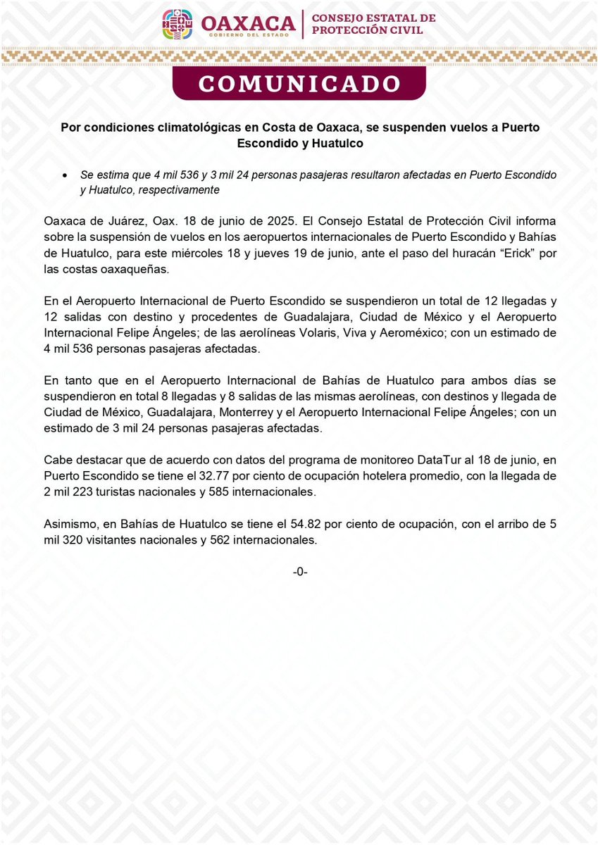Caro Gil. on X: "#ATENCIÓN 🚨 Se suspenden vuelos a Puerto Escondido y Huatulco debido al paso del huracán #Erick categoría 3 ✈️ 👇🏼 https://t.co/bcW4yVjBsQ" / X