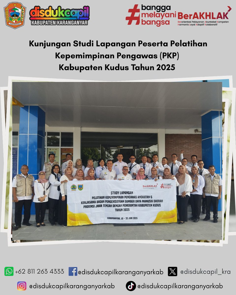 Rabu, 18 Juni 2025 Kantor Disdukcapil Kab. Karanganyar menerima kunjungan dalam rangka studi lapangan peserta Pelatihan Kepemimpinan Pengawas  (PKP) Kabupaten Kudus Tahun 2025. Dalam agenda Paparan Eesf  Prctice  Manajemen  Kinerja Unggul  Kab. Karanganyar