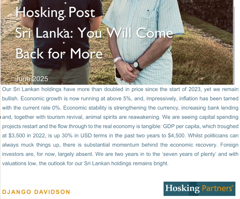 Channa_Amare's tweet photo. Hosking Partners are one of the top foreign buyers in #CSE since 2023
Large positions in #CTHR, #DIAL, #JKH, #RICH, #SPEN and #TKYO
➡️ Playing the long game
In a recent LinkedIn post, Hosking highlighted #lka's steep discounts to replacement value and improving growth runways https://t.co/nv7nNmKZXV