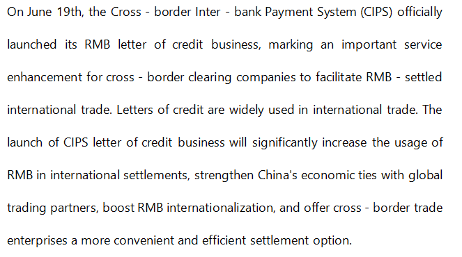 LinkPay001's tweet photo. CIPS Launches RMB Letter of Credit Business, Opening a New Chapter in Cross - Border Trade Settlement
#CIPS #CrossBorderTradeSettlement #RMB https://t.co/kE4KfioCOI