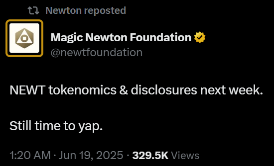 Usoppu's tweet photo. Final countdown to @newton_xyz TGE

These are the criteria that are likely to make you eligible for $NEWT.

- Credits
- Activated Agents
- MagicNewton NFTs (3)
- Discord Roles
- Yap
- Top 100 in Kaito LB
- sKaito
- Yapybara NFT

I am proud to say that I have achieved all of them including getting all 3 MagicNewton NFTs

How many have you managed to tick off out of these?
