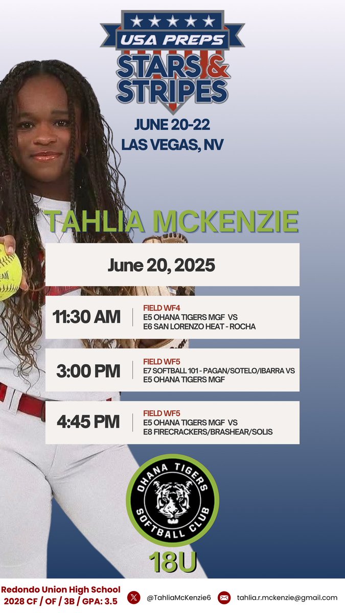 Headed to Las Vegas for <a href="/USAPreps/">USA Preps</a> Stars and Stripes. Playing with <a href="/ohanatigers/">Ohana Tigers Softball</a> MGF 18u. Its going to be really hot 🥵 and fun 🥎. Come watch my team play
