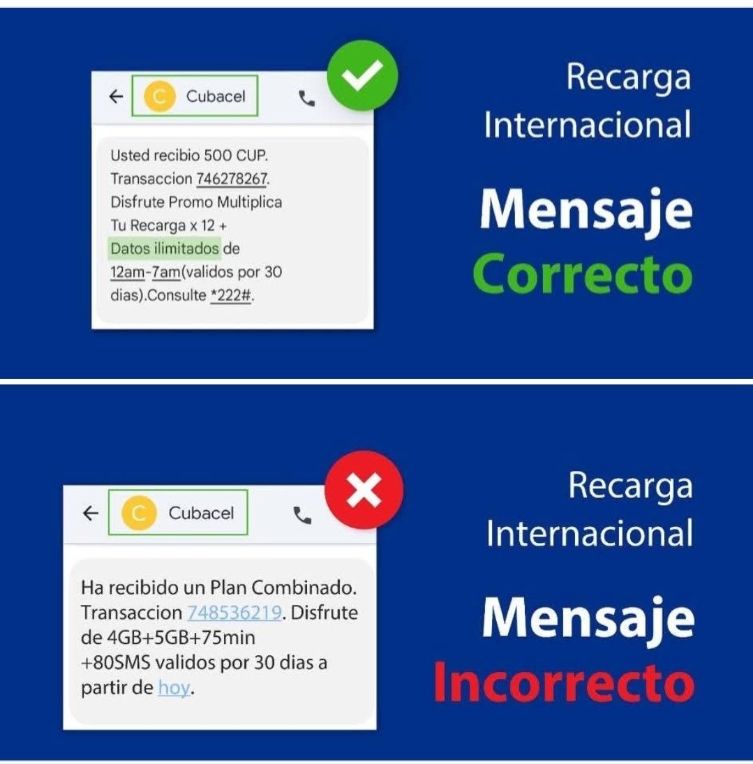Niurkacm1's tweet photo. 📢Consejos útiles
Verifica que las #recargas provengan únicamente de operadores oficiales "#CUBACEL". Si el mensaje de recarga es incorrecto o no está autorizado, el usuario perderá beneficios como el acceso a contenidos sin costo en horarios establecidos.
Más detalles 📌 ⬇️ ⬇️ https://t.co/dCwivU85Qm