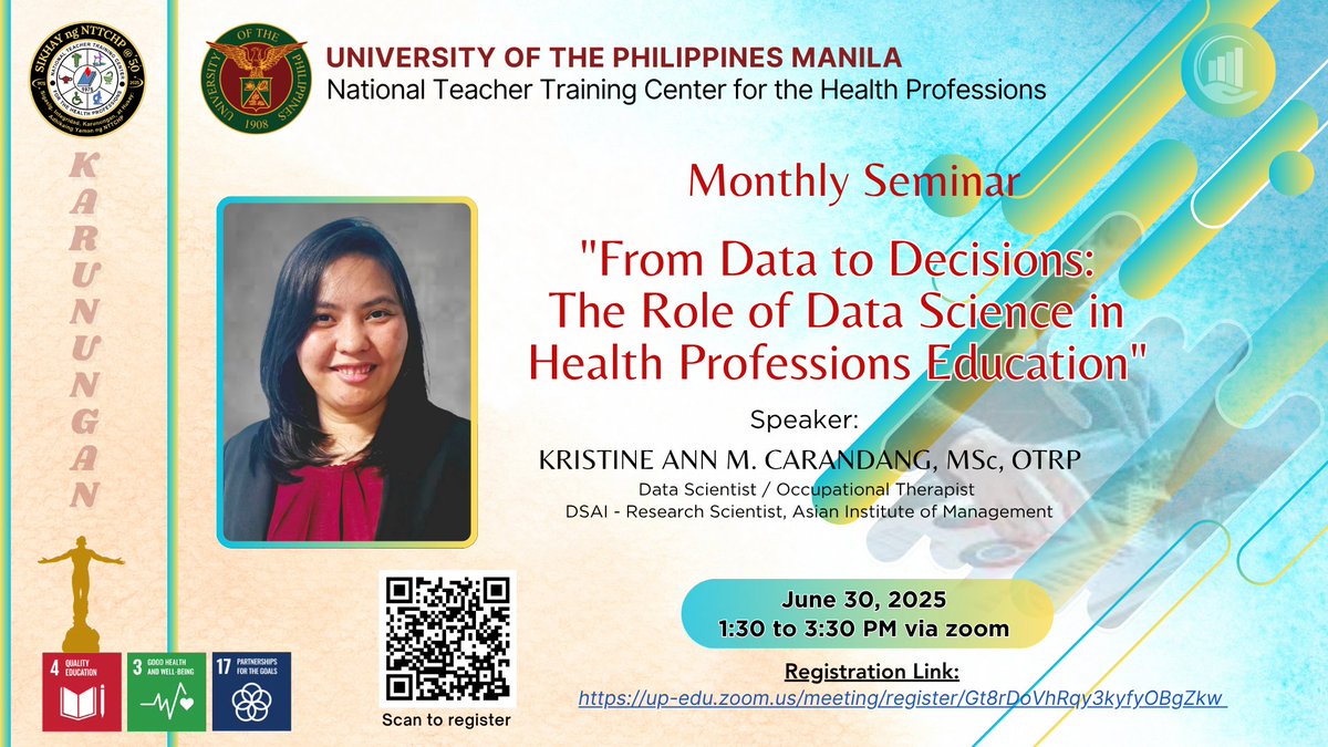 📷 When: June 30, 2025 📷 Time: 1:30 PM – 3:30 PM 📷 Platform: via Zoom 📷 Register here:
up-edu.zoom.us/meeting/regist…
Let’s harness the power of data for a smarter, healthier future in education and healthcare!