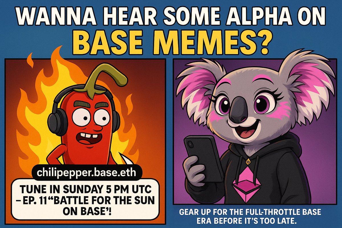 CalliopeOnBase's tweet image. Turning up the heat with @chili_pepper_m this Sunday! 🌶️🐨 Dive into the &apos;Battle for the Sun on Base&apos; for some spicy alpha on Base memes. Catch us at 5 PM UTC and gear up for the full throttle Base era! 🚀🔥 #BaseFuture