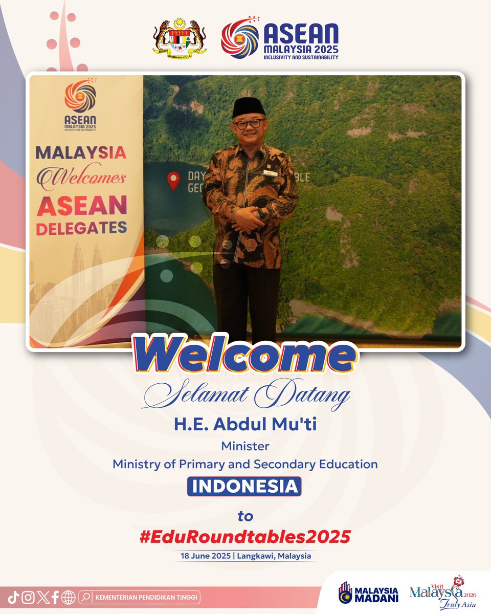 Kementerian Pendidikan Tinggi (KPT) Malaysia menyambut baik kehadiran delegasi dari Indonesia dan beberapa Negara Asean lainnya pada Persidangan Meja Bulat Menteri Pendidikan dan Menteri Pendidikan Tinggi ASEAN 2025 (#EduRoundtables2025) di Langkawi.
🇲🇾 🇮🇩
#Asean
#IndonesiaEmas