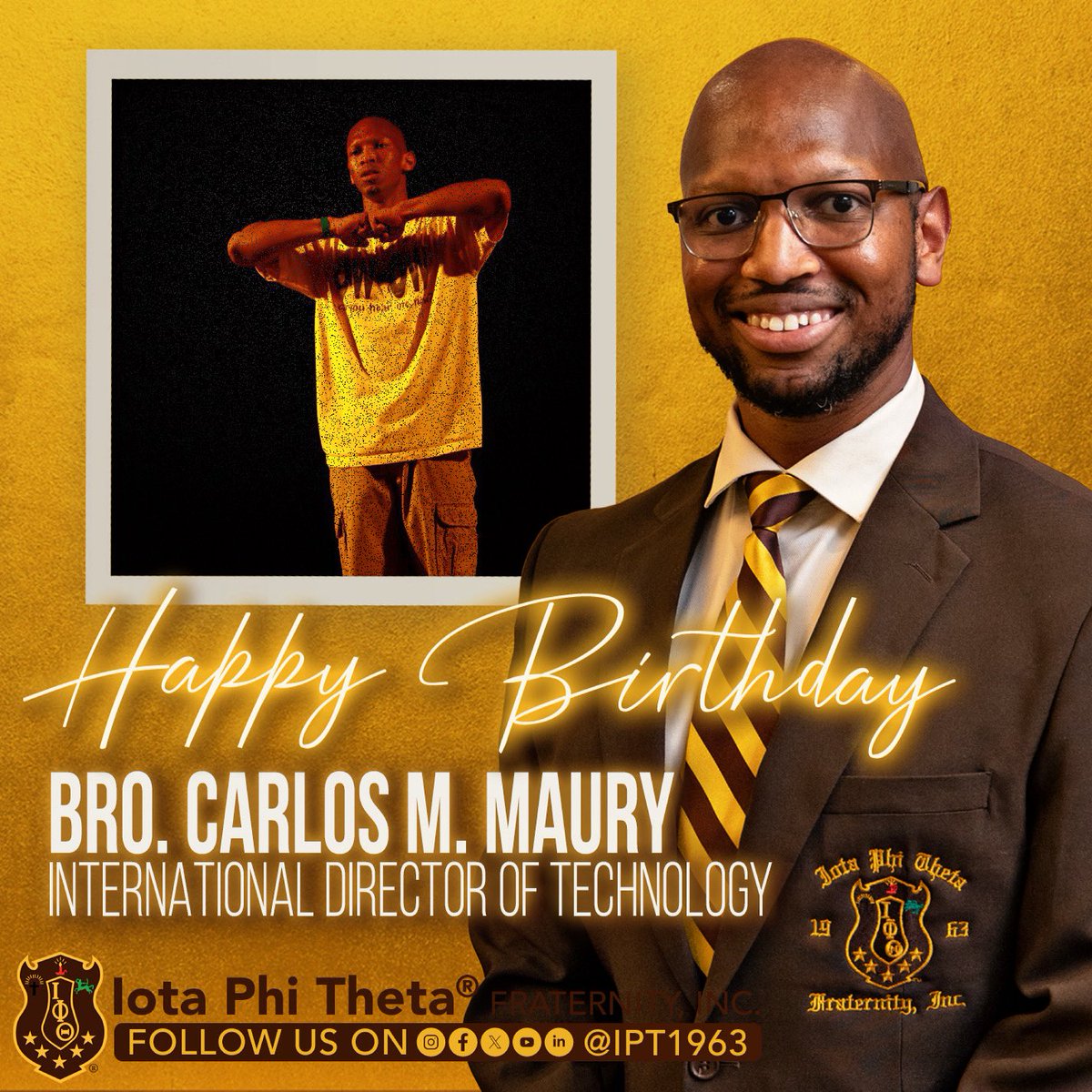 Happy Birthday to Bro. Carlos M. Maury, International Director of Technology, of Iota Phi Theta Fraternity, Inc.®

#IPT1963 #HappyBirthday #ONEIota
