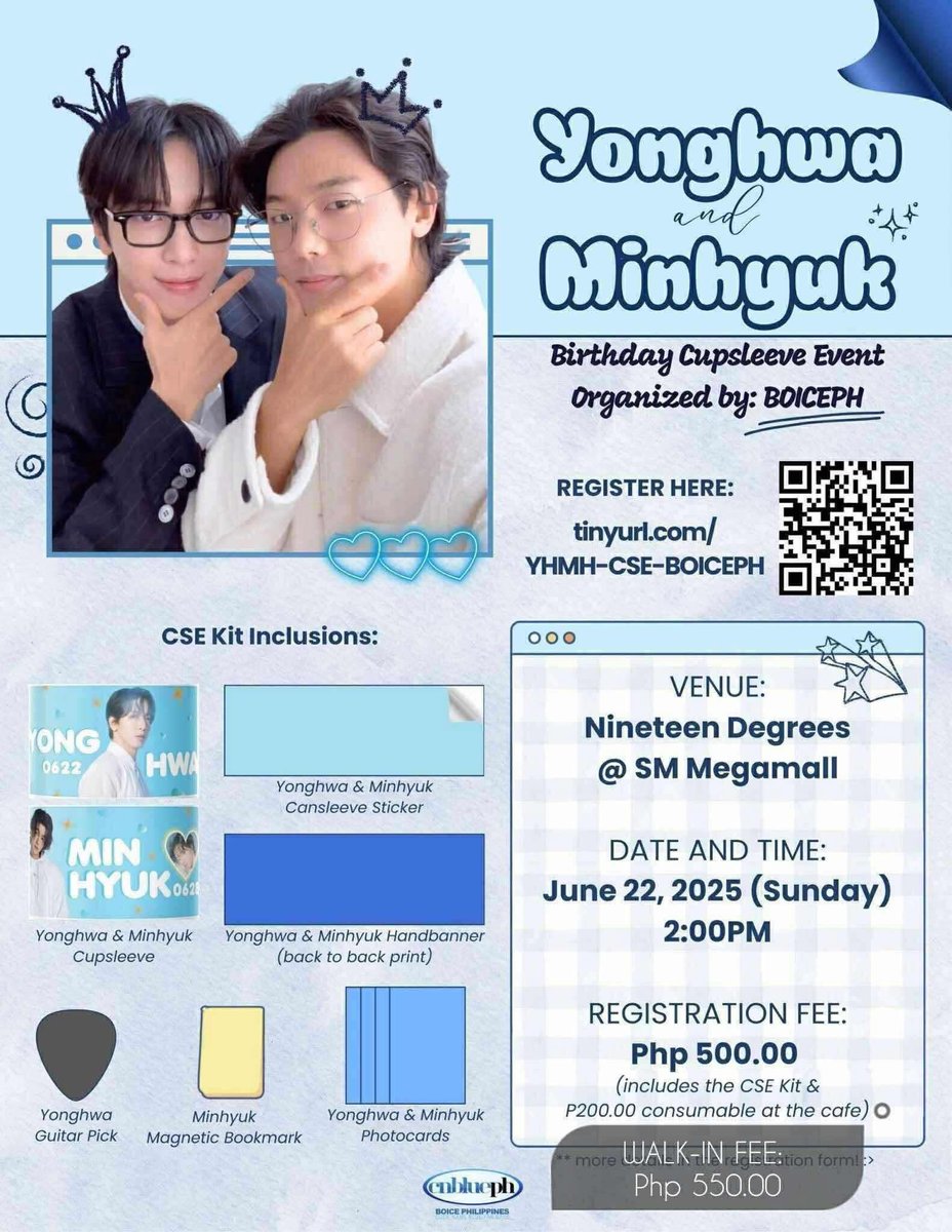 BoicePH's tweet photo. 3 Days to go 🫶🏻

YONGHWA & MINHYUK
BIRTHDAY CUPSLEEVE EVENT
Organized by: @BOICEPH

Hey there, PH Boice! Let's make some noise for our favorite leader and drummer🎵
Mark your calendars and join us on a special cupsleeve event as we celebrate the birthdays of our dear YONGHWA AND MINHYUK! 🥳

⚜ Location: 19° Nineteen Degrees - SM Megamall Branch
SM Megamall, Mega Fashion Hall, 5th Floor (near SM Ice Skating Rink)

⚜ Date: June 22, 2025 (Sunday)
⚜ Time: 2:00 onwards
⚜ Registration fee: Php500.00 (includes CSE Kit and Php200.00 consumable at the cafe)

⚜ Register here:
https://t.co/36TsYCqtKs…
https://t.co/36TsYCqtKs…
https://t.co/36TsYCqtKs…

Limited slots only!
Be one of the first 10 to register and get additional freebies from us! ✨
See you, BOICE 🎂👑

#정용화 #강민혁
#JUNGYONGHWA #KANGMINHYUK
#CNBLUE #씨엔블루
#BOICE #BOICEPH #CNBLUEPHILIPPINES