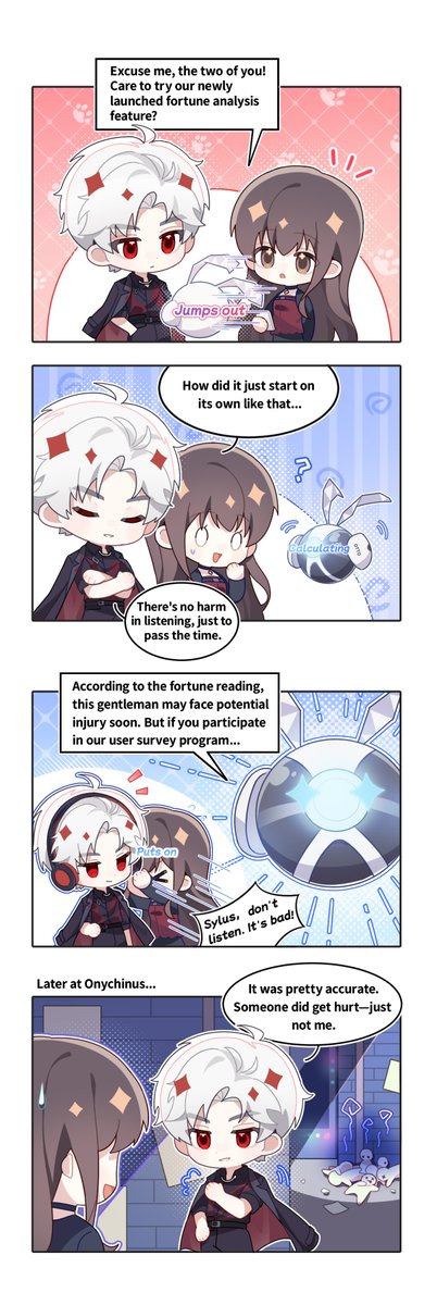 Love and Deepspace | Linkon Chibi Report
■ Sylus [How Fortune Came True]

OTTO's fortune analysis warned of a possible injury ahead...
Turns out the ominous reading for Sylus really did come true!

#LoveandDeepspace #LinkonChibiReport #Sylus