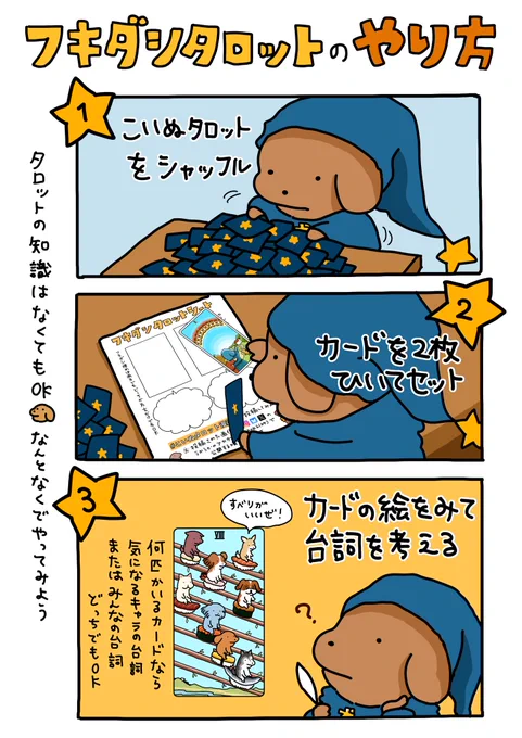 #こいぬタロット漫画
たくさんのご参加ありがとうございます!

TAZNさんのワークショップでもレクチャーされている、フキダシワークを参考にした企画です。

カードのセリフを思い浮かべられるようになれば、もうタロット占いができると言ってもよい(かもしれない)です。
どしどし挑戦してください🃏 