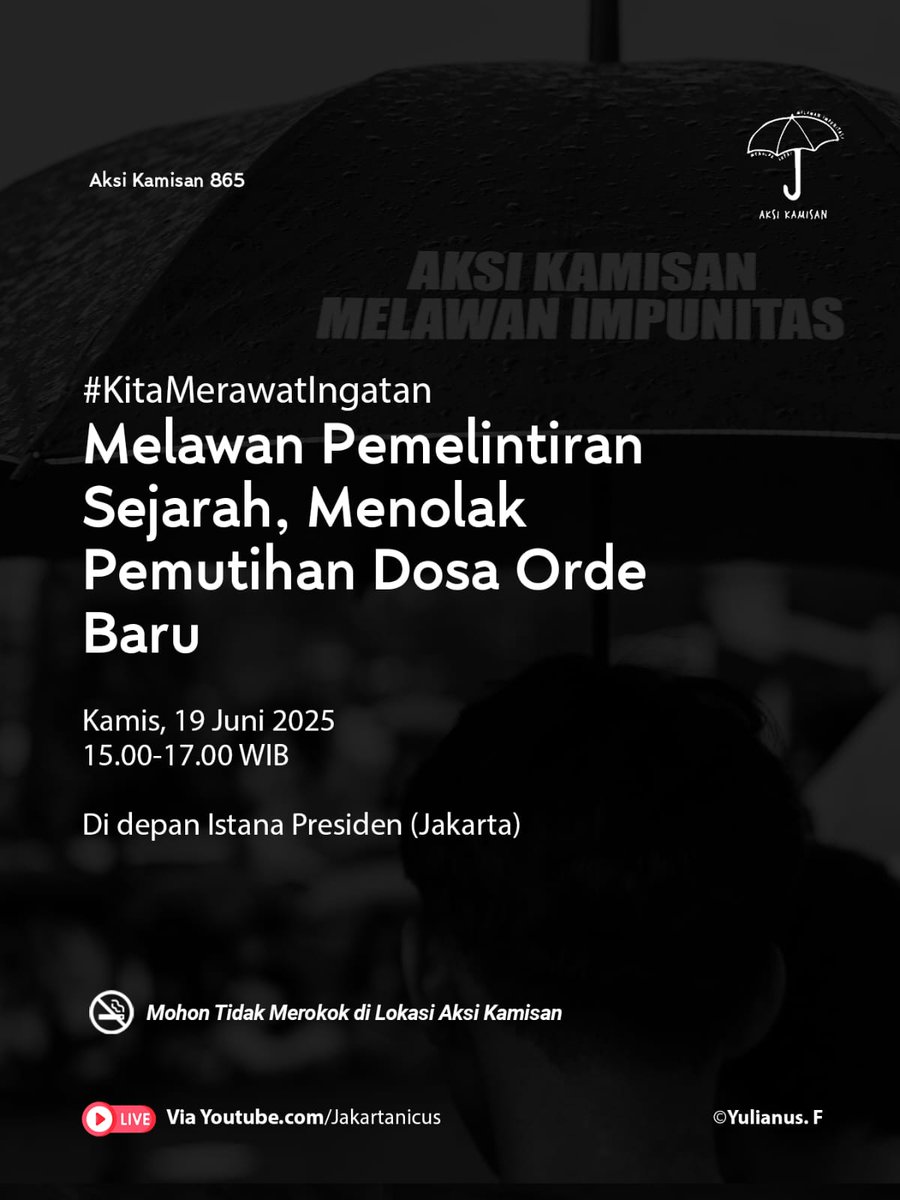 sumarsih11 (@sumarsih11) on Twitter photo Hari ini tg.19/6/25 <a href="/AksiKamisan/">Aksi Kamisan</a> diJakarta, jam 3-5 sore
Jangan mumpung bkuasa!
Seblm mnulis ulang Sejarah Resmi Indonesia, ptnggngjwbkn lebih dulu 12 planggaran beratHAM masa lalu yg tlh diakui o/negara di PngadilanHAM ad hoc!
<a href="/dipanggilwawan/">#SayaWawan | BR Norma Irmawan</a> krbn Semanggi I Hari ini tg.19/6/25 <a href="/AksiKamisan/">Aksi Kamisan</a> diJakarta, jam 3-5 sore
Jangan mumpung bkuasa!
Seblm mnulis ulang Sejarah Resmi Indonesia, ptnggngjwbkn lebih dulu 12 planggaran beratHAM masa lalu yg tlh diakui o/negara di PngadilanHAM ad hoc!
<a href="/dipanggilwawan/">#SayaWawan | BR Norma Irmawan</a> krbn Semanggi I