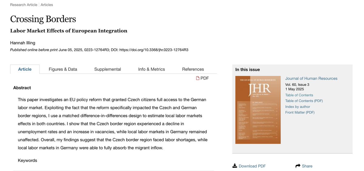J_HumanResource's tweet image. Following Germany’s 2011 labor market opening to Czech workers, Hannah Illing finds that Czech border regions saw a sharp drop in unemployment (-6.5%) and a 138% rise in job vacancies. German border regions were mainly unaffected.
doi.org/10.3368/jhr.02…