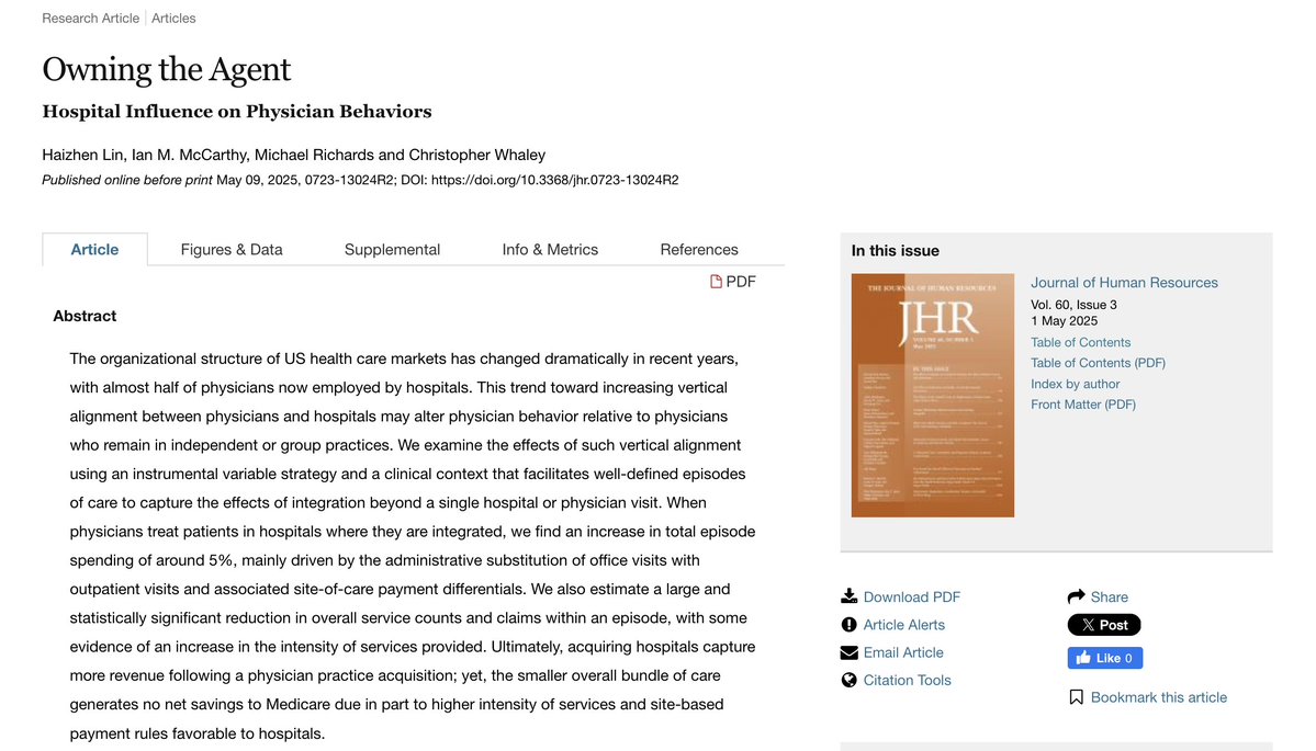 J_HumanResource's tweet image. A study by Haizhen Lin, Ian M. McCarthy, Michael Richards and @CM_Whaley finds 5% higher total episode spending from shifting services to hospital outpatient settings.
doi.org/10.3368/jhr.07…
#healthecon