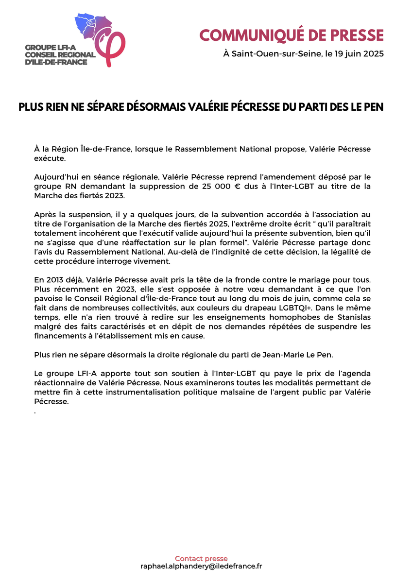 Groupe LFI-A | Conseil régional IDF (@groupelfi_a) on Twitter photo ⚠️Nouvelle attaque contre l'Inter-LGBT par <a href="/vpecresse/">Valérie Pécresse</a>
Sur demande du Rassemblement National, Valérie Pécresse supprime aujourd'hui 25 000€ dus à l'association au titre de 2023
A la Région, lorsque le Rassemblement National propose, Valérie Pécresse dispose
Notre communiqué⤵️ ⚠️Nouvelle attaque contre l'Inter-LGBT par <a href="/vpecresse/">Valérie Pécresse</a>
Sur demande du Rassemblement National, Valérie Pécresse supprime aujourd'hui 25 000€ dus à l'association au titre de 2023
A la Région, lorsque le Rassemblement National propose, Valérie Pécresse dispose
Notre communiqué⤵️