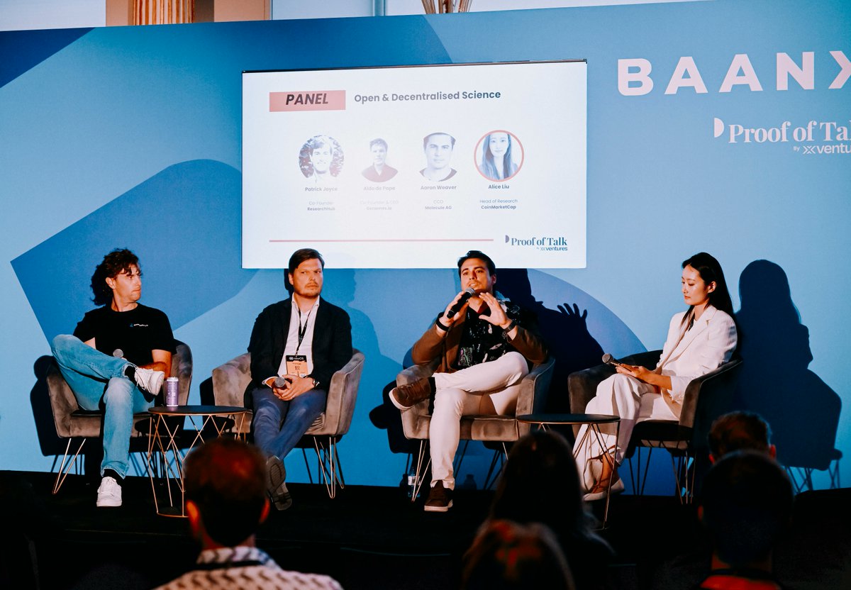 Molecule_sci's tweet photo. Aaron Weaver, CCO of Molecule, spoke on the "Open & Decentralised Science" panel at @proofoftalk, alongside leaders shaping the future of research: Joyce Lin (@ResearchHub), Aldo de Pape (GenomesDAO), and Alice Liu (@CoinMarketCap).

Together, they explored what’s broken in science and how DeSci is rebuilding it with open tools, better incentives, and shared infrastructure.