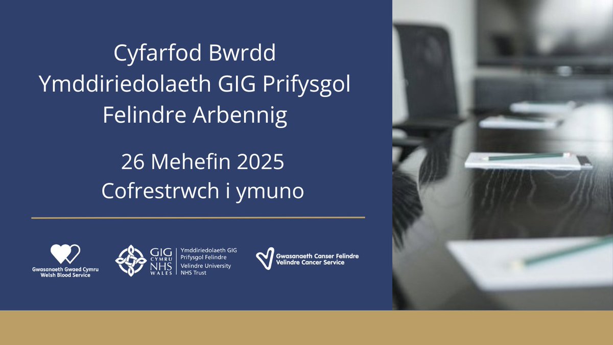 Bydd Cyfarfod Bwrdd Ymddiriedolaeth GIG Prifysgol Velindre Arbennig yn cael ei gynnal ddydd Iau 26 Mehefin.

Pwrpas y cyfarfod hwn yw cymeradwyo adroddiad blynyddol a chyfrifon blynyddol yr Ymddiriedolaeth.

Ewch i’n gwefan am fanylion cofrestru: ⬇️

🔗 felindre.gig.cymru/amdanom-ni/bwr…