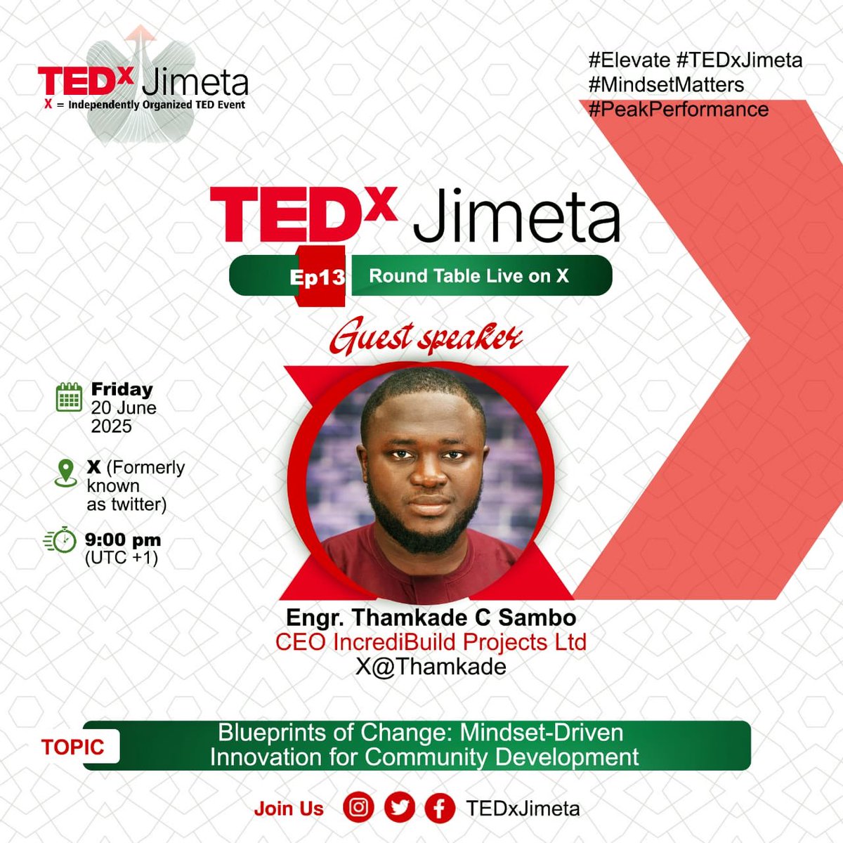 TEDxJimeta (@tedxjimeta) on Twitter photo TEDxJimeta Round Table Ep. 13 live on X (formerly known as Twitter) Spaces ๐๏ธ
Theme:
Blueprints of Change: Mindset-Driven Innovation for Community Development
Guest Speaker
- <a href="/Thamkade/">THAMKADE</a>
Date: Friday, 20th June, 2025. 21:00 ( UTC+1)
Set a reminder ๐๐ฝ ๐๐ฝ
x.com/i/spaces/1vAxRโฆ TEDxJimeta Round Table Ep. 13 live on X (formerly known as Twitter) Spaces ๐๏ธ
Theme:
Blueprints of Change: Mindset-Driven Innovation for Community Development
Guest Speaker
- <a href="/Thamkade/">THAMKADE</a>
Date: Friday, 20th June, 2025. 21:00 ( UTC+1)
Set a reminder ๐๐ฝ ๐๐ฝ
x.com/i/spaces/1vAxRโฆ
