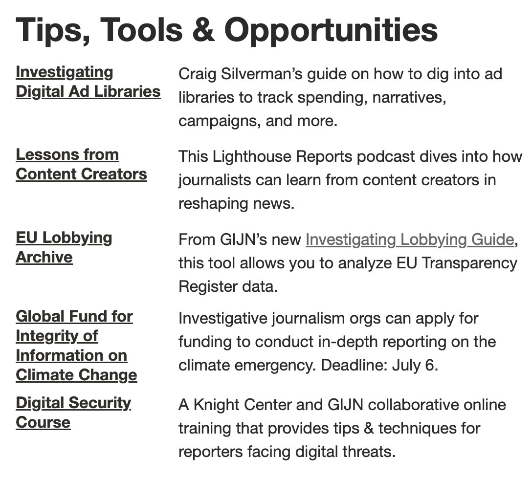 🛠️ GIJN's Tips &amp; Tools:

• Read <a href="/CraigSilverman/">Craig Silverman</a>’s guide on how to dig into ad libraries.
• Apply for <a href="/KnightCenterUT/">Knight Center for Journalism in the Americas</a> &amp; GIJN's online Digital Security Course.
• This <a href="/LHreports/">Lighthouse Reports</a> podcast shares what reporters can learn from content creators.

More: twp.ai/4iolVy