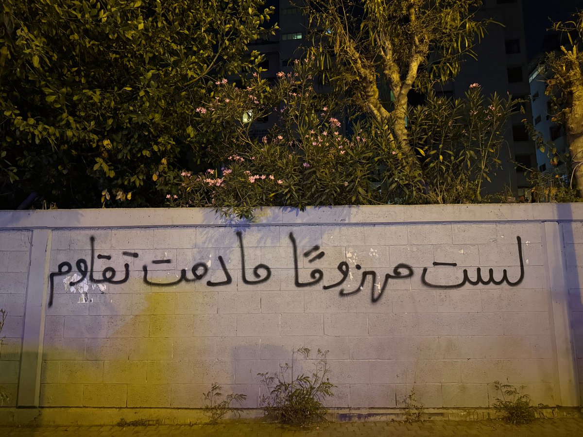 لدي عادة لا أستطيع إبطالها، وهي المشي في شوارع #بيروت بعد الغروب.
مشيت في بدارو بلا وجهة، ورأيت هذا الكلام مرسومًا بالحبر الأسود على جدارٍ بالقرب من "رويز"، مقهى صديقي الشهيد عصام.
تذكرت آخر ما قاله: "الأرض عمرها ما بتخذل المظلوم".
وكان هذا آخر ما نشره قبل استشهاده.

#إسرائيل