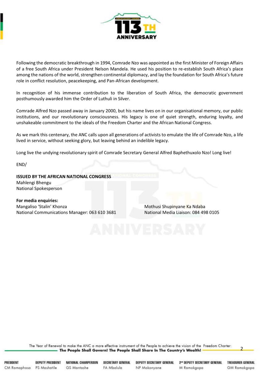 The ANC joins the people of South Africa, the continent, and the international progressive community in commemorating the centenary of one of our most loyal, disciplined, and dedicated revolutionaries, Comrade Alfred Baphethuxolo Nzo, longest-serving Secretary General of the ANC.