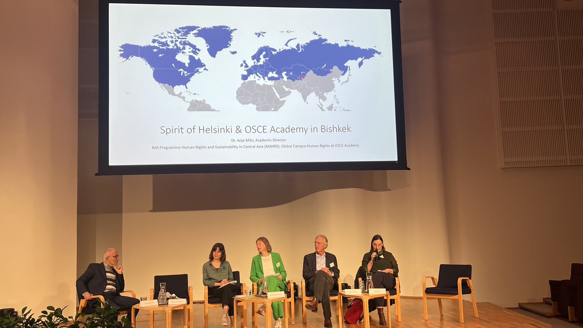 OSCE_Academy's tweet image. On 13 June, Dr. Anja Mihr, MAHRS Director, spoke at the OSCE Academy event during the โSpirit of Helsinkiโ conference, marking 50 years of the Helsinki Final Act. She addressed OSCEโs role in political turmoil and MAHRS progress in Central Asia.