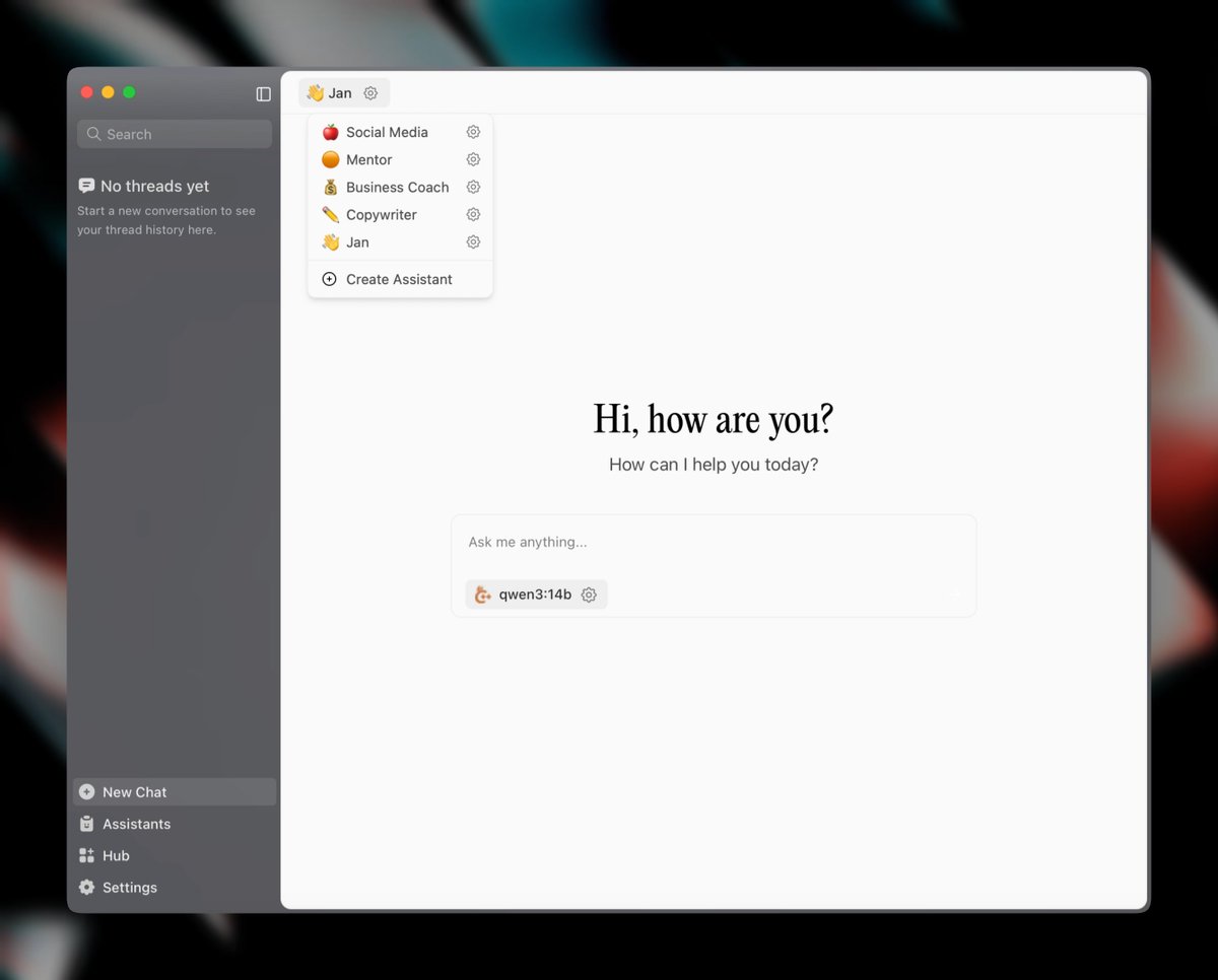 Jan v0.6.0 is here: It's a whole new vibe!

Jan's been redesigned to be faster, cleaner, and easier to use. It also lays the groundwork for upcoming tool use.

You can now create assistants with custom instructions and settings.

Update your Jan or download the latest.