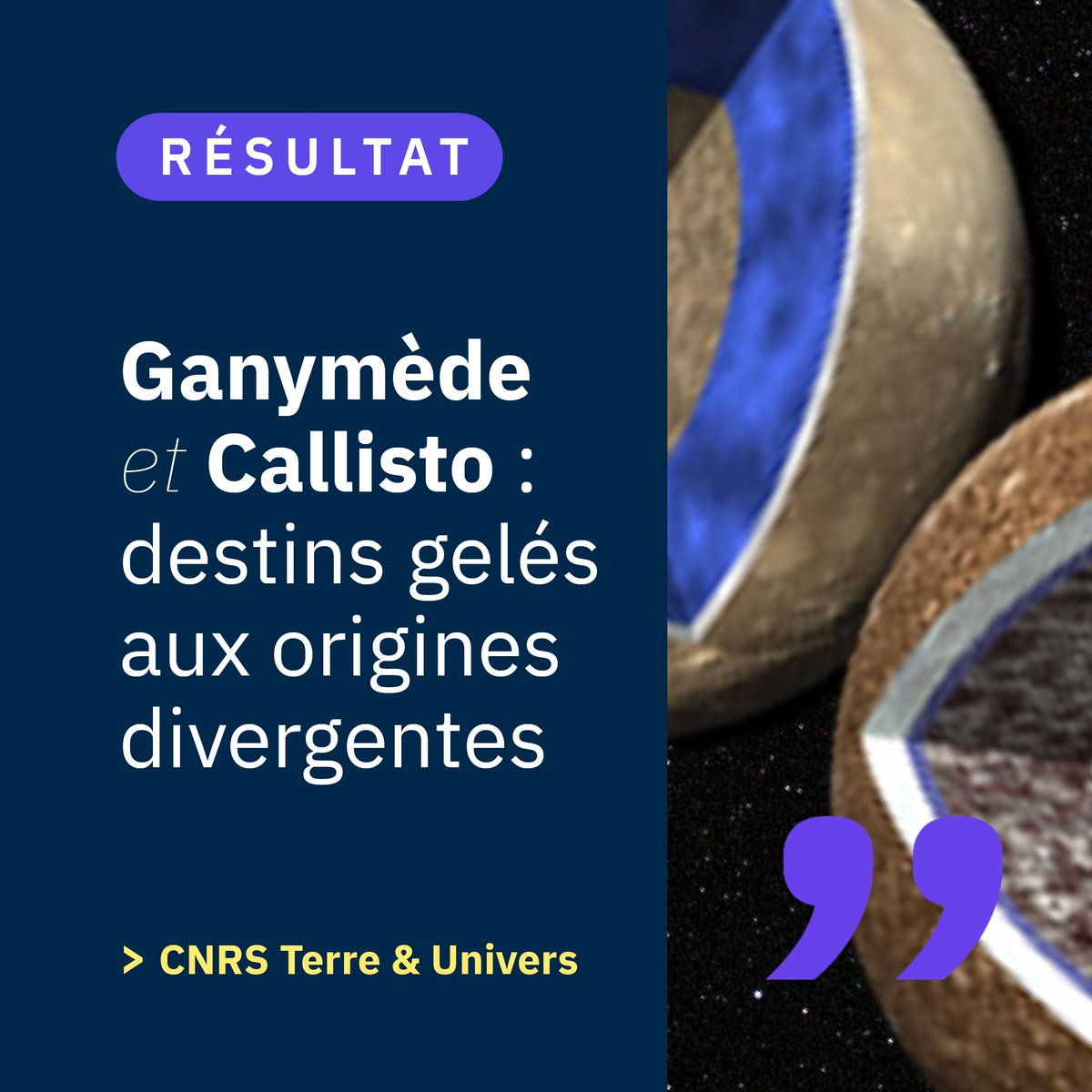CNRS_INSU's tweet image. #RésultatScientifique Ganymède et Callisto, deux lunes glacées de Jupiter de taille similaire, présentent des structures internes radicalement différentes. Une nouvelle étude suggère que cette dichotomie trouve son origine dès leur formation. ⤵️
insu.cnrs.fr/fr/cnrsinfo/ga…