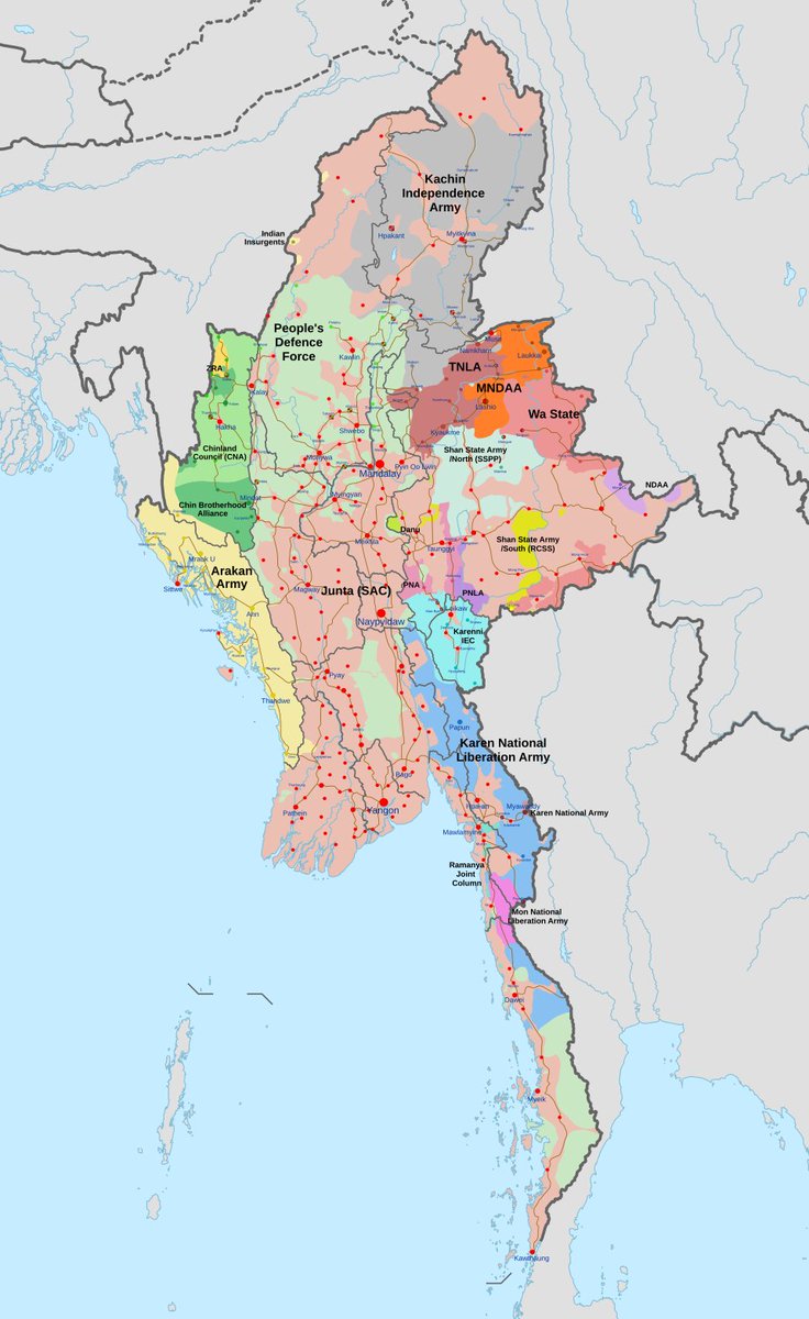 🇲🇲 Myanmar is more than 3 years into a civil war, the latest phase of its decades-long conflict. The military junta, in power since 2021 (red control in map), is losing ground to a broad movement made up of ethnic armed groups and pro-democracy forces