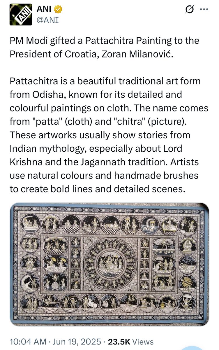 anitaexplorer's tweet photo. Gifting our Incredible India’s treasures with pride🙏

Thank you @PMOIndia @narendramodi ji for recognition &amp; GI heritage #GIsofIndia promotion 🙏

Some #OdishaGI crafts gifted:
1. Pattachitra
2. Konark Stone Carving
3. Cuttack Rupa Tarakasi

Names of the artist/artisan too reqd. https://t.co/3hhUm9EoDA
