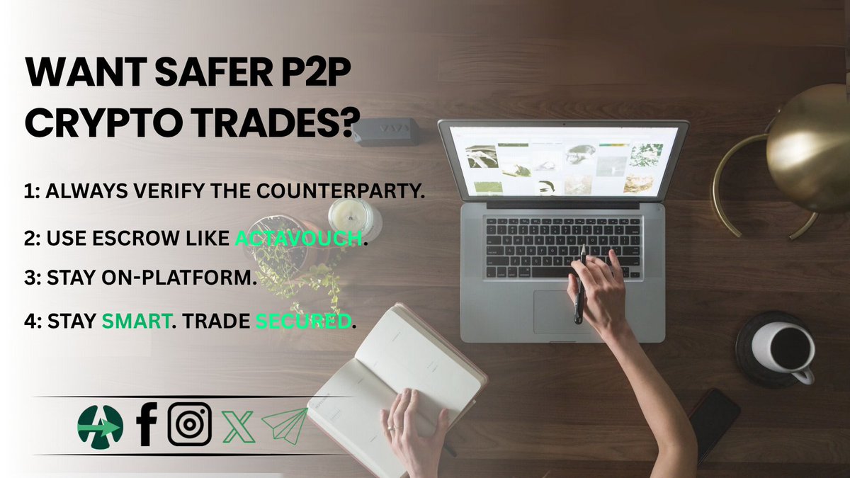 actavouch's tweet photo. Think before you trade.

✅ Use verified platforms
✅ Confirm identities
✅ Use escrow like ACTAVOUCH

Protect your crypto, protect your peace.

#CryptoTips #P2PSafety #ActaVouch #Web3Security https://t.co/ySmqMTPkpF