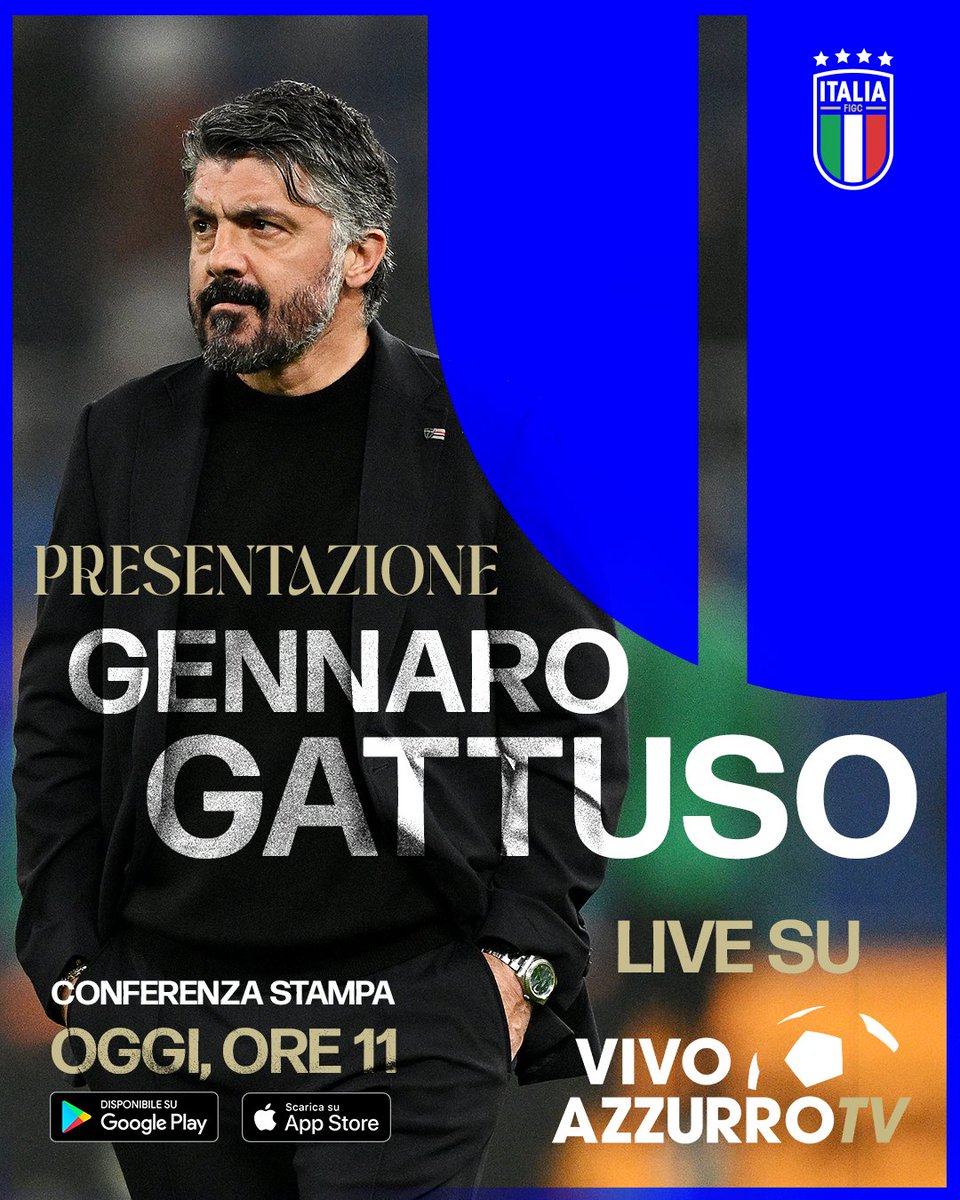 Gennaro Gattuso will officially be presented as the First Team Head Coach at 11:00 CEST 🇮🇹☑️

Watch it here ➡️ app.vivoazzurrotv.it

#Azzurri #VivoAzzurro