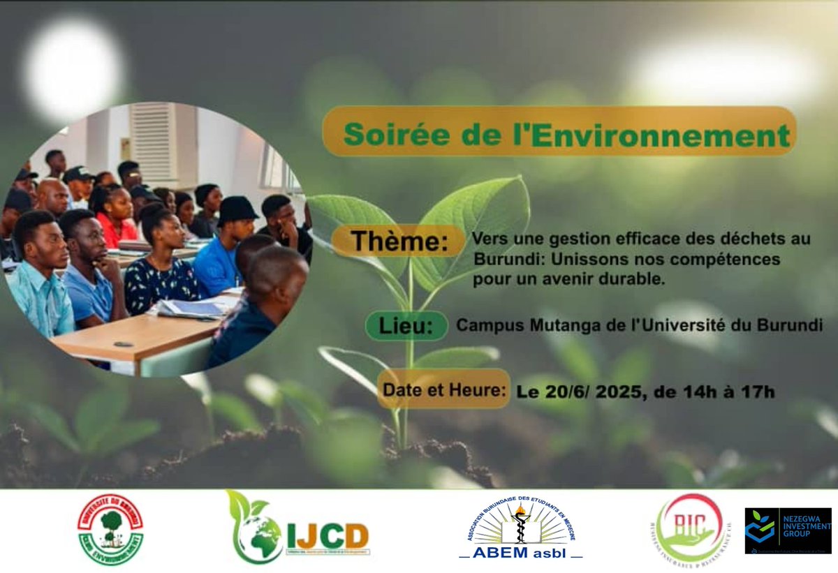 Dans la continuité de la Célébration de la Journée Mondiale de l’Environnement, la Soirée de l’Environnement rassemble les jeunes engagés autour d’une même cause.

#JME2025 #gestiondurabledesdechets