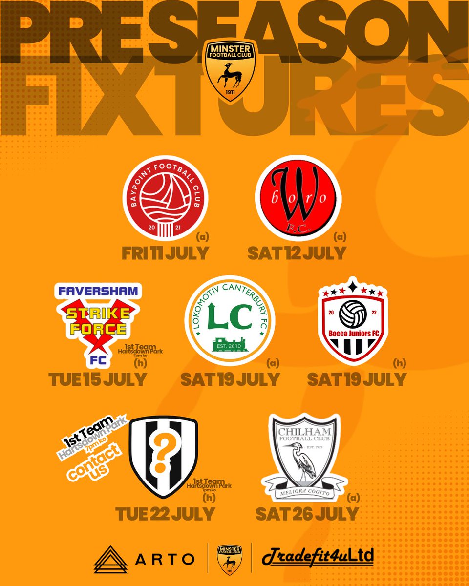 Minster FC (@minsterfc1911) on Twitter photo SENIOR TEAMS PRE-SEASON FRIENDLIES β½β½
WE HAVE A SPOT TO FILL FOR OUR FIRST TEAM - Tuesday evening 7pm kick off 22nd July at Hartsdown Park - please get in touch via our social media accounts
#ArtoLifeSciencesTalent
<a href="/tradefit4u/">Trade fit 4u ltd</a>
#mcmxi #iloveminster SENIOR TEAMS PRE-SEASON FRIENDLIES β½β½
WE HAVE A SPOT TO FILL FOR OUR FIRST TEAM - Tuesday evening 7pm kick off 22nd July at Hartsdown Park - please get in touch via our social media accounts
#ArtoLifeSciencesTalent
<a href="/tradefit4u/">Trade fit 4u ltd</a>
#mcmxi #iloveminster