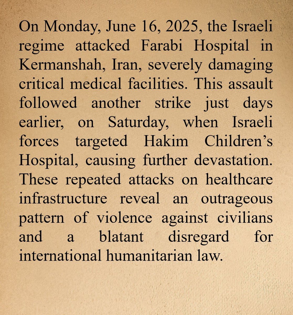 IraninAustria's tweet photo. The #NetanyahuRegime carried out an attack on #FarabiHospital in Kermanshah, #Iran, on June 16, damaging critical facilities. This assault followed another strike just days earlier, on Saturday, when Israeli forces targeted Hakim Children’s Hospital, causing further devastation. https://t.co/3FZ3ql9DlO
