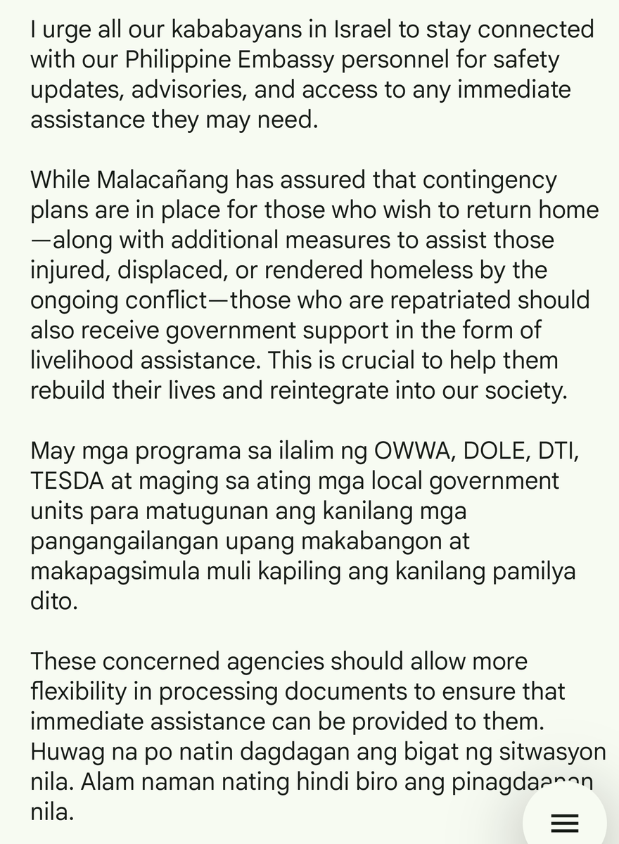OBueno's tweet photo. SP Pro Tempore Jinggoy Estrada-
"I urge all our kababayans in Israel to stay connected with our Philippine Embassy personnel for safety updates, advisories, and access to any immediate assistance they may need."@dwiz882 https://t.co/pcdyltXf8C