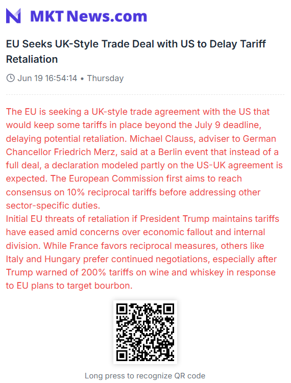 Sino_Market's tweet photo. 🇪🇺🇺🇸EU Seeks UK-Style Trade Deal with US to Delay Tariff Retaliation
The EU is seeking a UK-style trade agreement with the US that would keep some tariffs in place beyond the July 9 deadline, delaying potential retaliation. Michael Clauss, adviser to German Chancellor Friedrich Merz, said at a Berlin event that instead of a full deal, a declaration modeled partly on the US-UK agreement is expected. The European Commission first aims to reach consensus on 10% reciprocal tariffs before addressing other sector-specific duties.Initial EU threats of retaliation if President Trump maintains tariffs have eased amid concerns over economic fallout and internal division. While France favors reciprocal measures, others like Italy and Hungary prefer continued negotiations, especially after Trump warned of 200% tariffs on wine and whiskey in response to EU plans to target bourbon.
#EU  #US #TRUMP #TARIFFS
https://t.co/tNr3WhyhLc