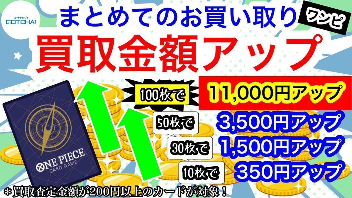 【#ワンピ】
　　
　　🏴‍☠️シングルカード買取UPキャンペーン🏴‍☠️

古物商更新後、買取再開したのでこちらも継続していきます🔥🔥

GOTCHA!では査定額200円以上のワンピカードを
まとめて売ると、買取金額がグンッとUP⬆⬆

✅10枚 ➡ +350円
✅30枚 ➡ +1,500円
✅50枚 ➡ +3,500円
✅100枚 ➡