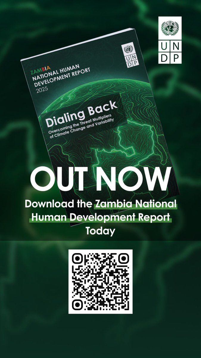 UNDPZambia's tweet image. 🚨 It’s here!
The 2025 National Human Development Report spotlights climate change as a threat multiplier and a chance to drive #SustainableDevelopment.
✅ 875K jobs
✅ 13% poverty decline
✅ 75% clean energy access
Explore the report: go.undp.org/U7C
#NHDR2025
