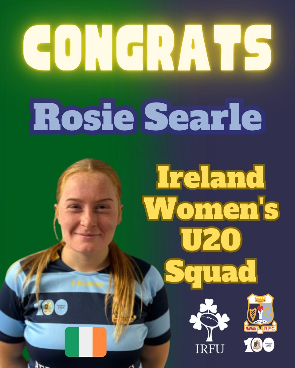 Navanrfc (@navanrfc) on Twitter photo Big congrats to our <a href="/NavanLadiesRFC/">Navan RFC Women's Rugby</a> player Rosie Searle who has been selected for the <a href="/IrishRugby/">Irish Rugby</a> Women’s U20 Squad who travel to Wales for the <a href="/SixNationsU20/">Six Nations Under-20s</a> summer series.
Best of luck Rosie & enjoy every minute.
Can't wait to see you in the green jersey. 💚☘️
#NavanRFC100 Big congrats to our <a href="/NavanLadiesRFC/">Navan RFC Women's Rugby</a> player Rosie Searle who has been selected for the <a href="/IrishRugby/">Irish Rugby</a> Women’s U20 Squad who travel to Wales for the <a href="/SixNationsU20/">Six Nations Under-20s</a> summer series.
Best of luck Rosie & enjoy every minute.
Can't wait to see you in the green jersey. 💚☘️
#NavanRFC100