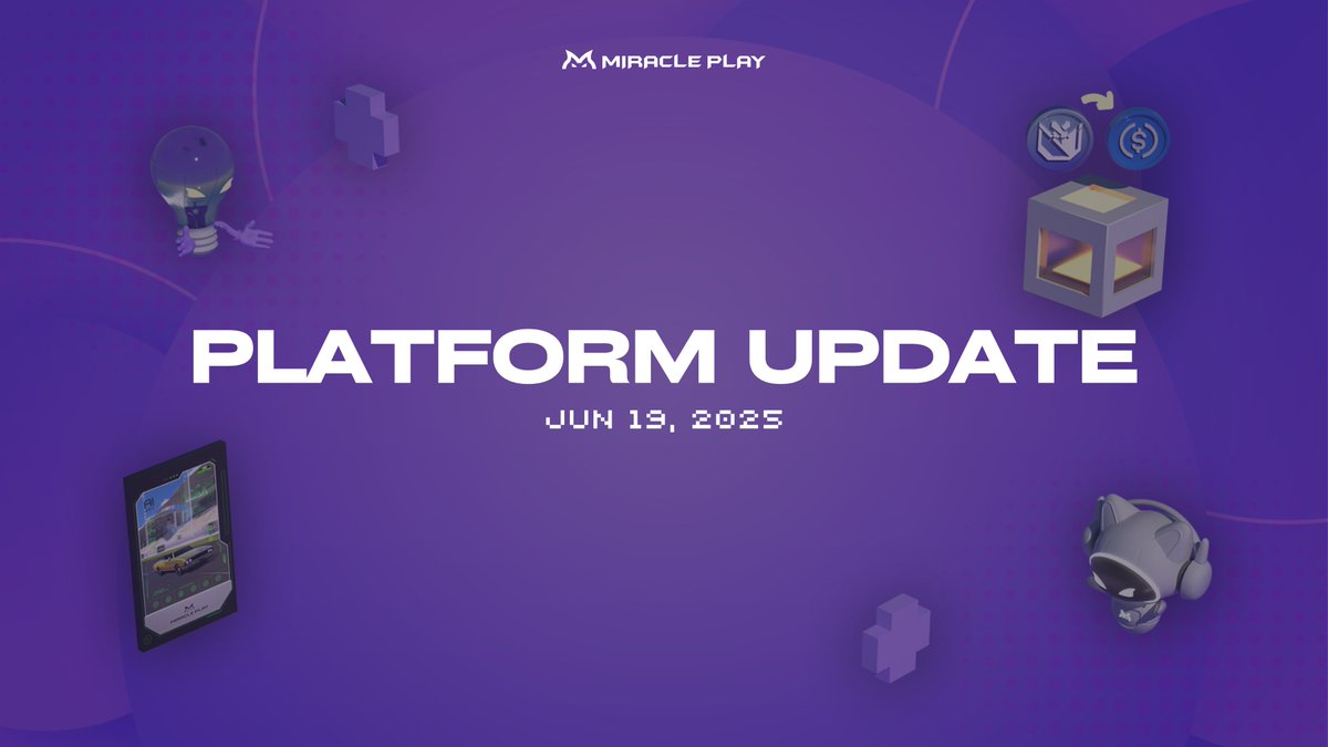 miracleplaygg's tweet photo. 📢 Platform Update Notice — June 19

✅ Completed Updates
• BPT-USDC Burn Challenge is live
• 4 new Tiktrix games onboarded 🎮
• AI Granprix dNFT Round 2 now minting 🏎️
• 2FA now required for token transfers – stronger security! 🛡️
• Tiebreaker tooltip updated
+ A bunch of bug fixes

🛠 Upcoming Updates
•  Super Host Pass shop (minting access!)
• Avg. score display in tournament results 📊
• Team Battle mode for AI Granprix 👥 

#MiraclePlay #PlatformUpdate #AIAgent