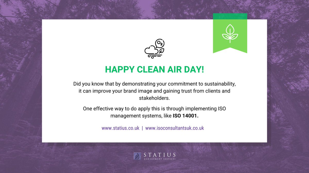 ThisIsStatius's tweet image. Happy Clean Air Day! 🍃 Celebrate the importance of clean air and how we are responsible for our impact on the Earth. ISO 14001 can help reduce waste, enhance compliance, improve efficiency, and boost reputation.
Learn more: isoconsultantsuk.co.uk/standards/iso-… 🌿✨
#CleanAirDay #ISO14001