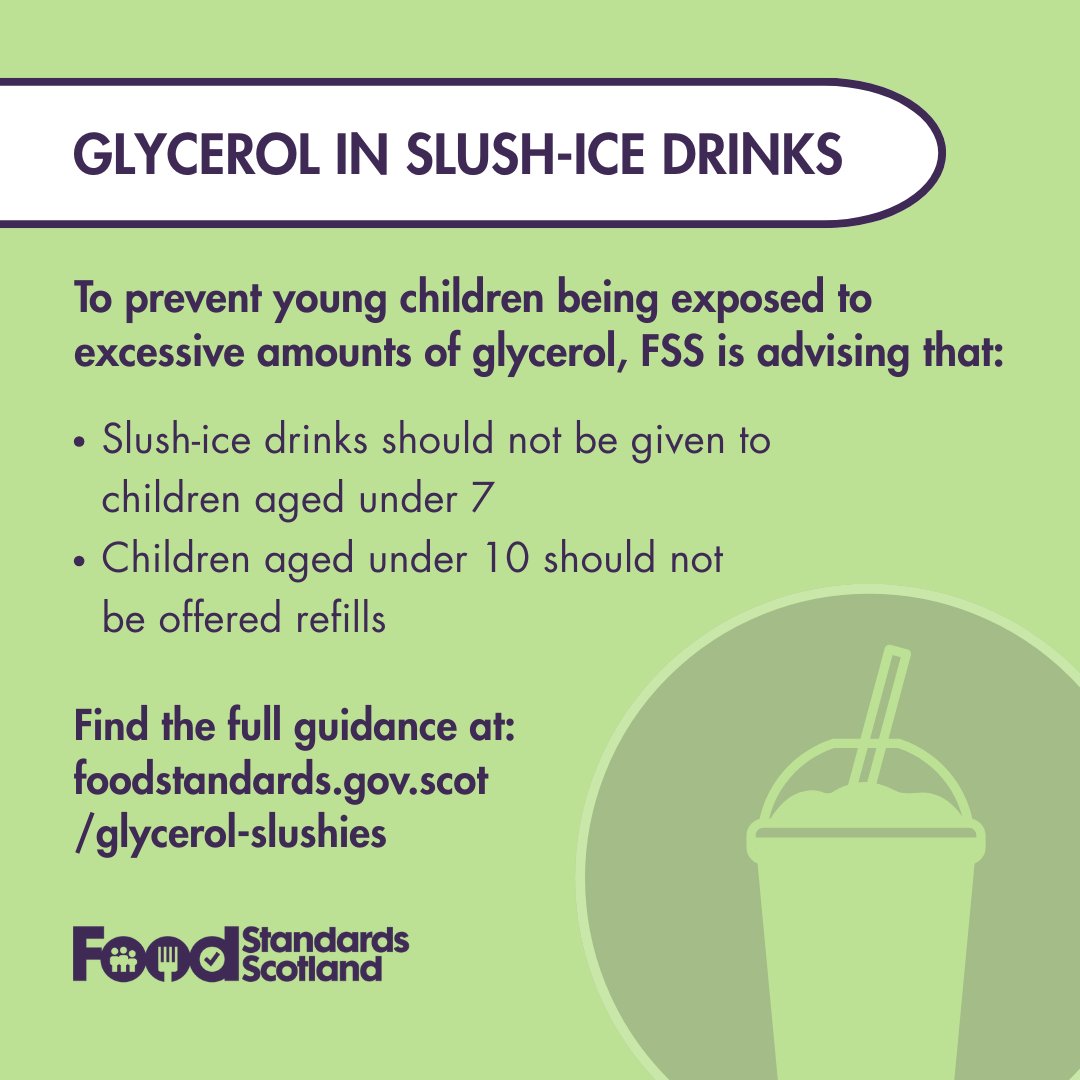 We have issued updated advice to help prevent young children from being exposed to excessive amounts of glycerol:

• children under 7 should not consume slush-ice drinks
• no refills should be given to children under 10

Learn more at: bit.ly/3HHQsIJ

#Glycerol