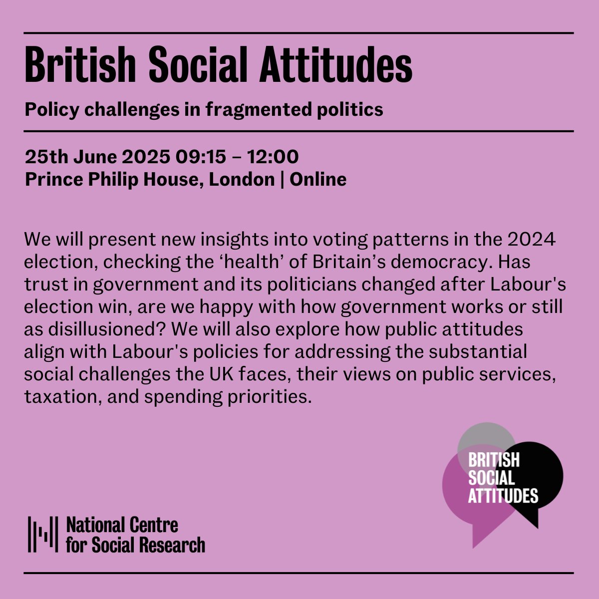 NatCen's tweet image. What’s changed since the General Election?
Join us on 25 June in London for British Social Attitudes 2025.
Free event. Big questions.
🔗 Sign up here: natcen.ac.uk/events/british…
#BSA2025 #NatCen