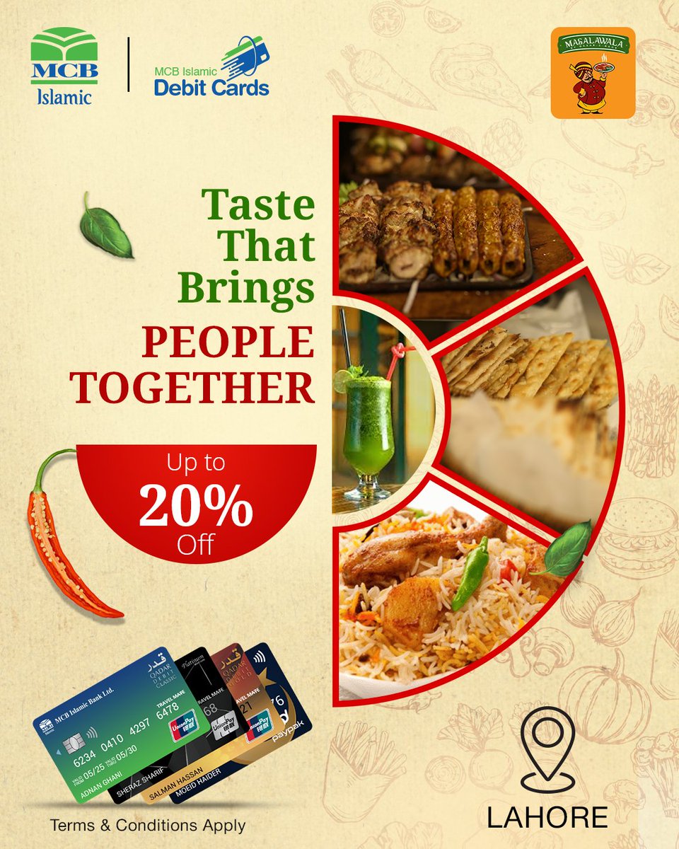 Authentic desi cuisine, crafted with tradition. Discover the true taste of Lahore at Masalawala.

✤ For more fabulous deals and discounts visit: bit.ly/DiscountHub
✤ Apply for your MCB Islamic Debit card today: bit.ly/MCBIslamic-Deb…

#MCBIslamicBank #MCB