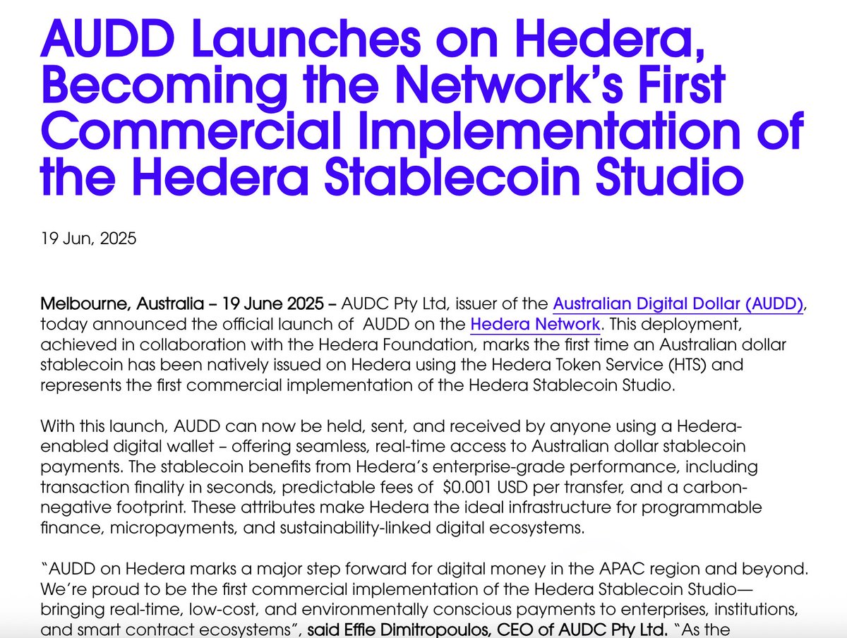 AUDD launches on @hedera, becoming the first commercial implementation of  the Hedera Stablecoin Studio. The Australian dollar stablecoin is now live  on Hedera Token Service (HTS), offering real-time payments, $0.001  transaction fees,