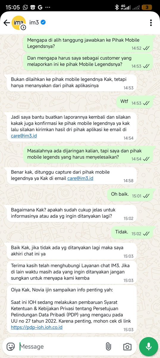 rickyadamp's tweet photo. Update selanjutnya. Sekarang pihak @CareIM3 mengalih tanggung jawabkan ke pihak @MobileLegendsOL dan diminta untuk menyelesaikan masalah ini sendiri karena masalah ini bukan dari pihak @indosatim3 @indosat. Ini candaan atau bagaimana ya? https://t.co/tymhLHnK0J