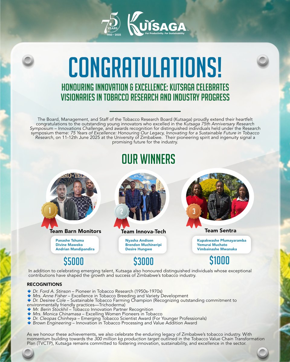 Kutsaga celebrates innovation &amp; excellence in tobacco research. Congratulations to the winners &amp; distinguished awardees, driving sector growth &amp; sustainability. Congratulations, Makorokoto, Amphlope

#TobaccoResearch #Innovation #Sustainability #ZimbabweTobacco