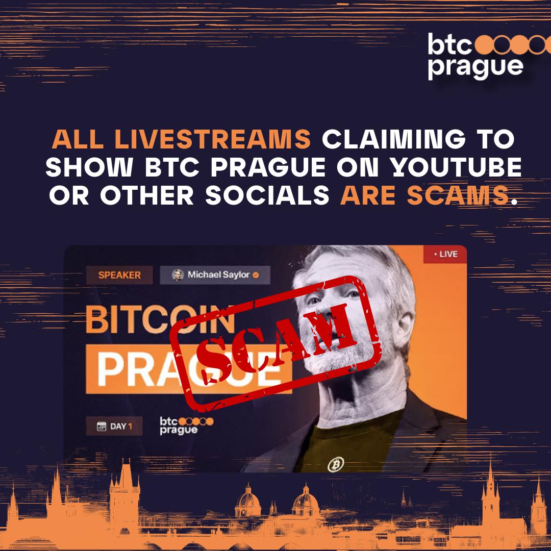 ⚠️ All livestreams claiming to show BTC Prague on YouTube or other socials are scams.

We do not stream the conference. Recordings of the entire program will be uploaded to our YouTube channel after the conference.